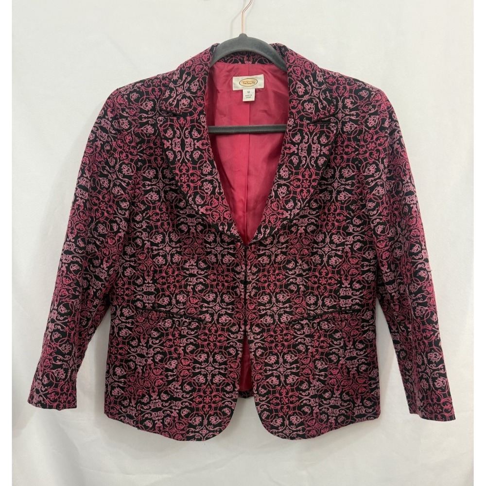 Talbots Black Pink Floral Embroidered Blazer Jacket‎ Womens Size 12 Textured